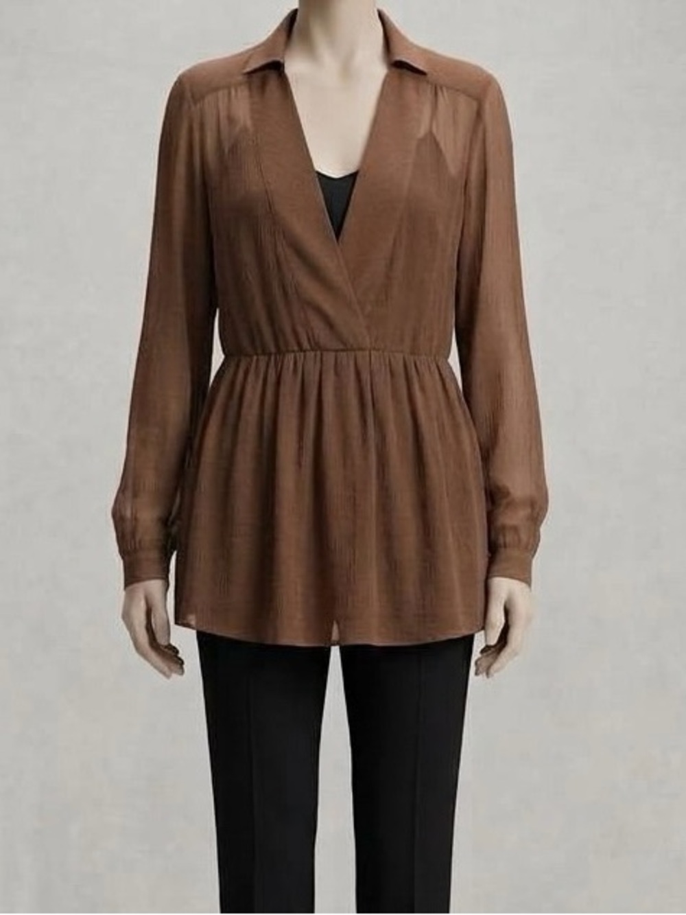 Michael Kors Brown Gauze Sheer Tunic Top Blouse V-Neck Peplum Size 10